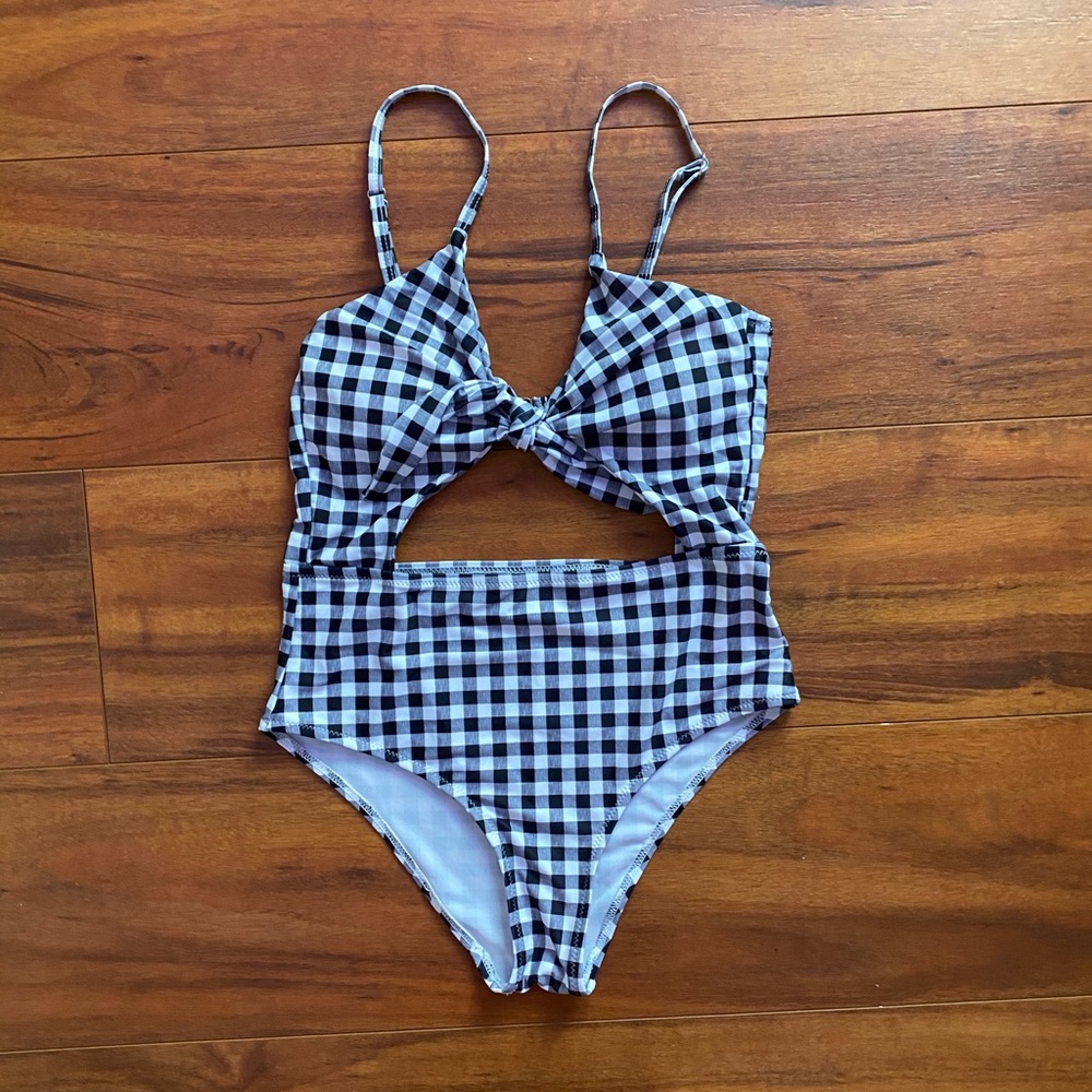 shein gingham print cut-out one piece swimsuit